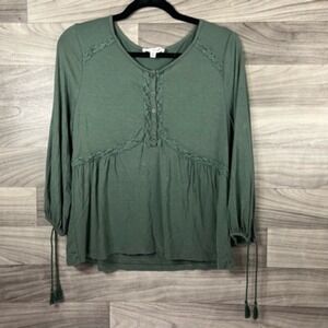 Cloud Chaser Womens Blouse Green Long Sleeve‎ Scoop Neck Tassels Pullover M